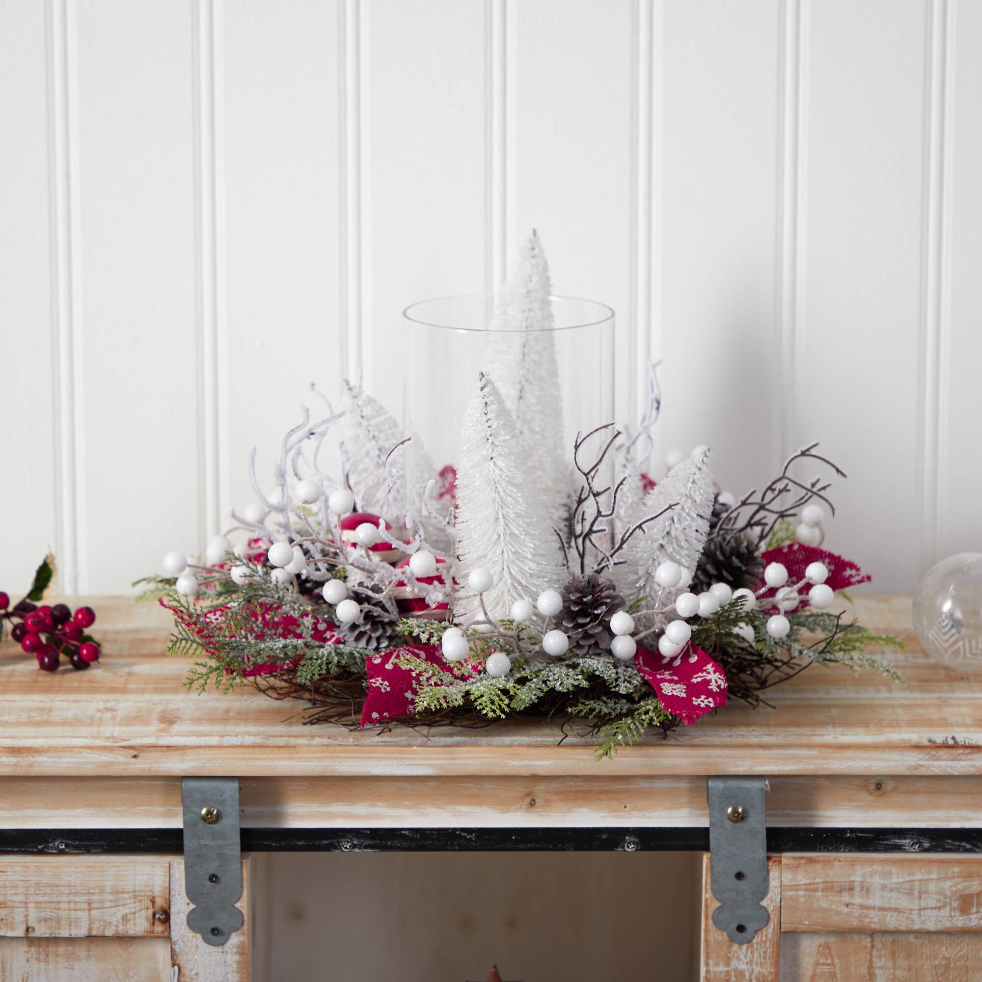 15" Christmas Lighted Forest Candle Holder Arrangement